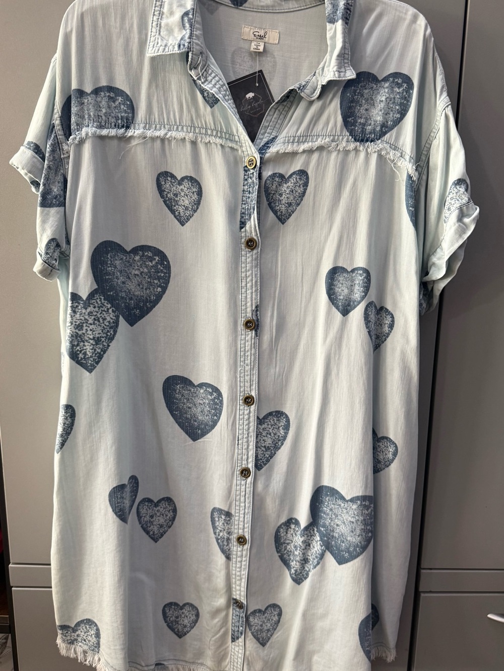 easel Light Blue Heart-Print Midi Shirt Dress